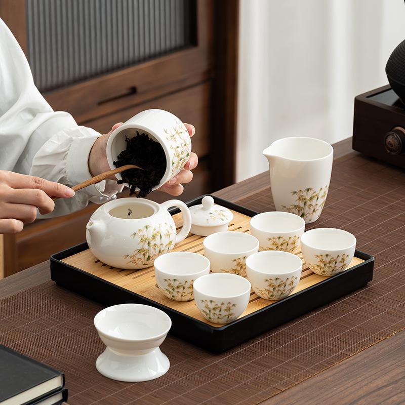 Suet Jade Kung Fu Tea Set, White Porcelain Set, Home Office Teapot, Gold Silk Teacup Cover Bowl, Full Set of Tea