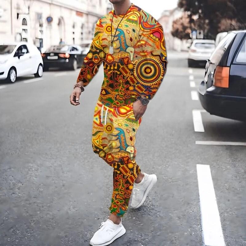 New Fashion Men's Two-piece Sportswear 3D Printed Long Sleeved T-shirt Set Street Casual Two-piece Men's T-shirt Set