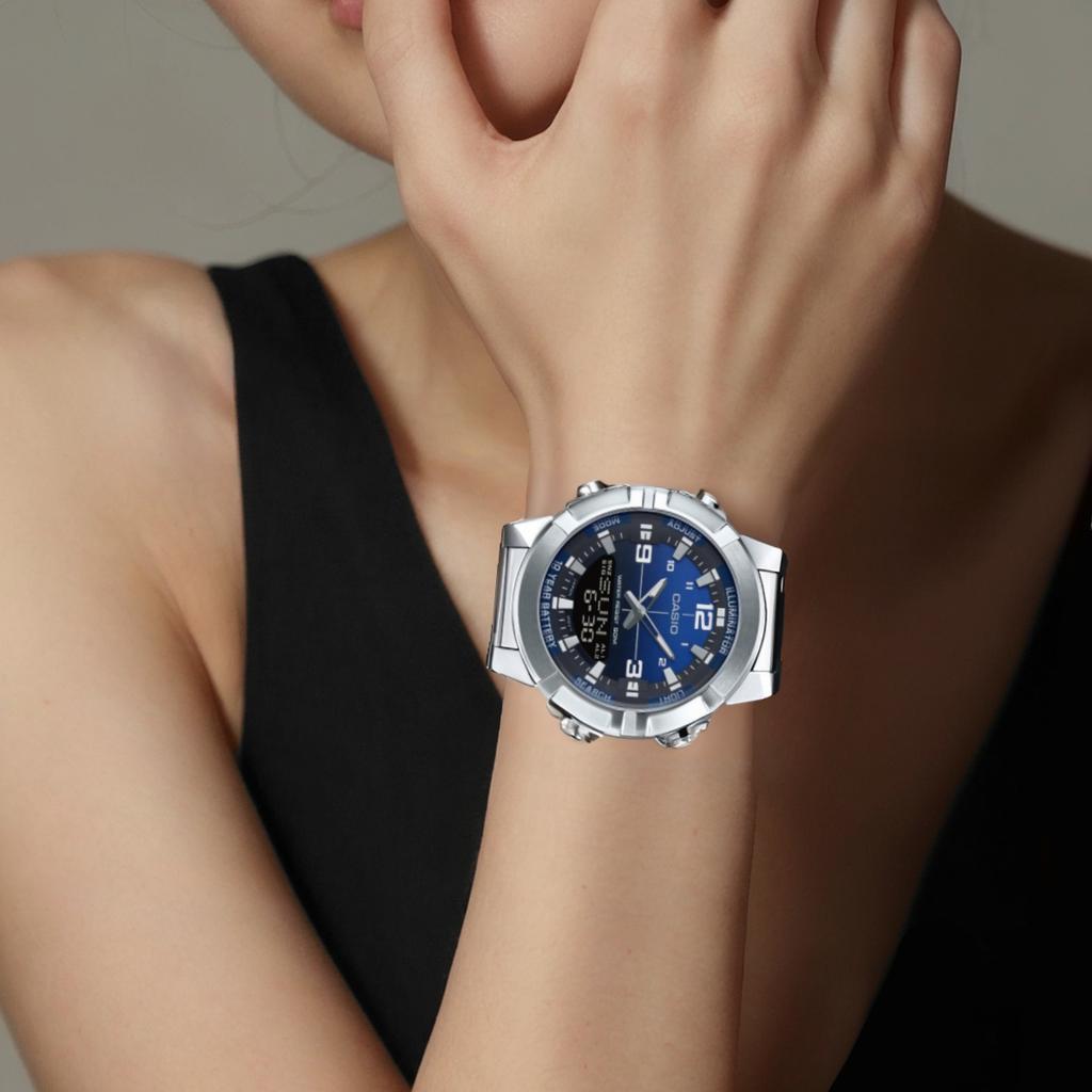 Casio Часы на стальном ремешке с кварцевым механизмом, унисекс, синий циферблат AMW-870DA-2A1V