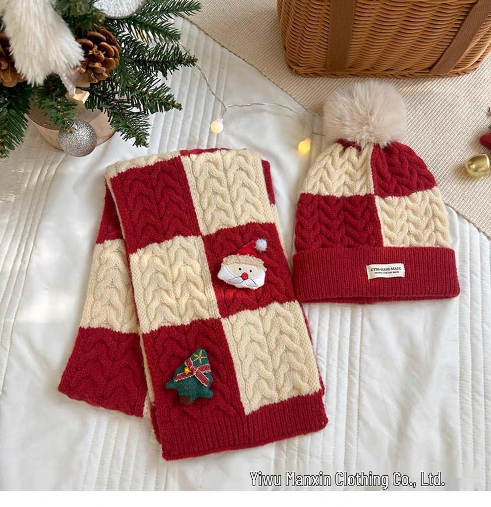 Korean-Style Kids' Christmas Scarf & Beanie Set: Warm Knit Neck Warmer for Boys & Girls