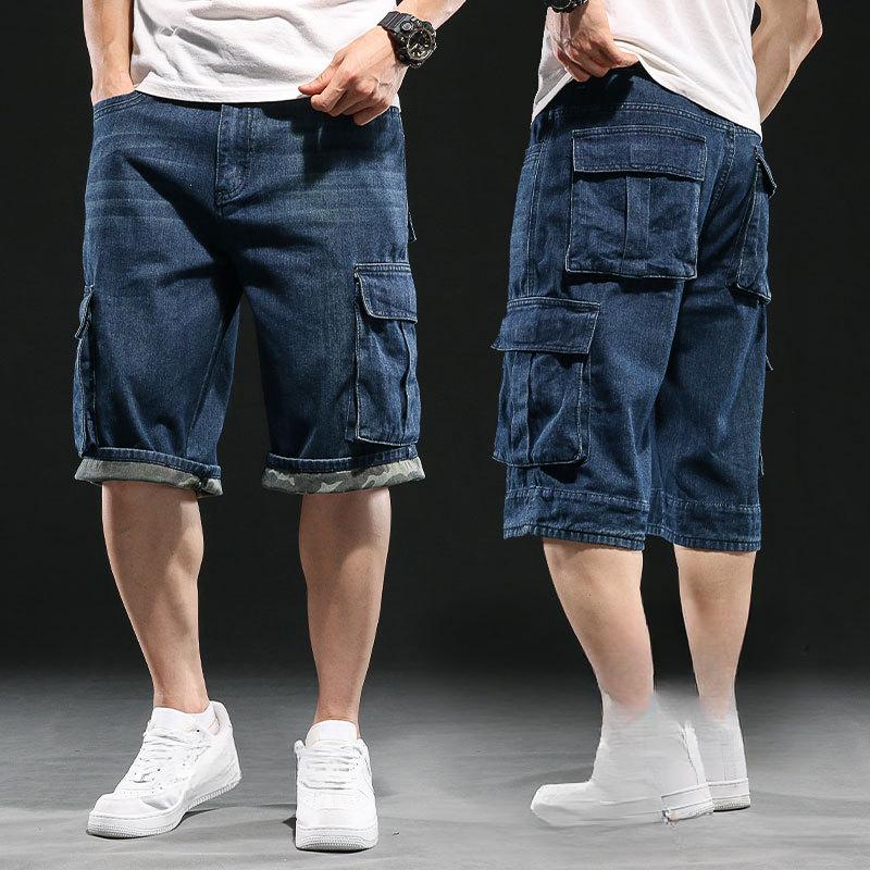 Мужские широкие джинсовые шорты с несколькими карманами 7 Point Work Cargo Jeans Shorts Fat Plus Size Denim Shorts Male