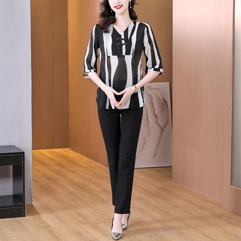 Винтажная рубашка с китайскими застежками-пуговицами, стильная женская одежда с принтом, свободная, с коротким рукавом, летняя, элегантная блузка с V-образным вырезом, повседневная