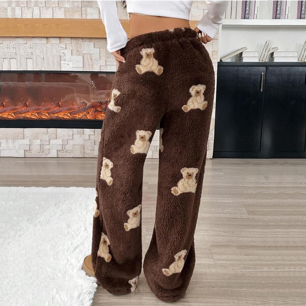 Women's Cute Bear Plush Pajama Pants Wide Leg Plush Casual Pants