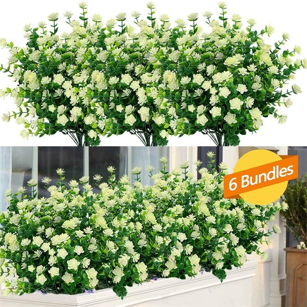 6 Bundles Artificial Flowers UV Resistant Fake Plants Faux Plastic for Indoor Outdoor Hanging Plants Garden Porch Window Box Home Wedding Decor