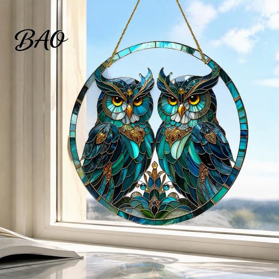 Creative Housewarming Gift Double Owl Suncatcher Window Hanging Ornament, Stained Glass Style Circular Wall Bird Decoration Decor, Green Art for Home