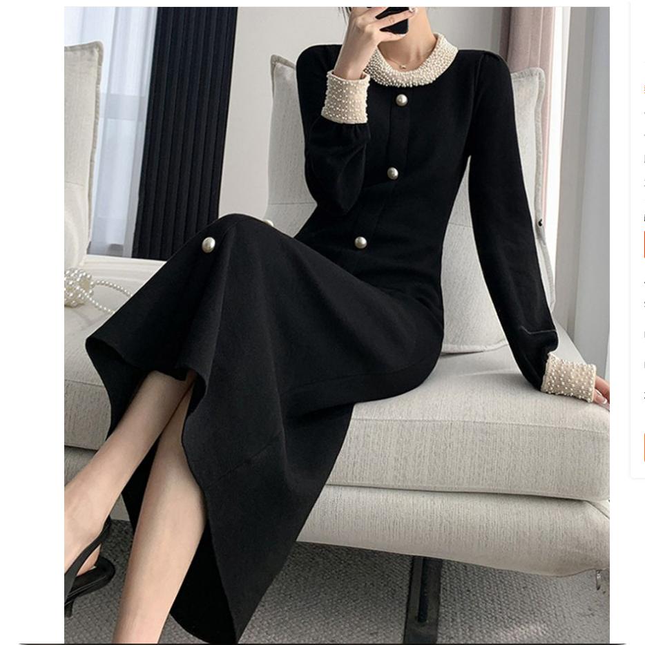 With Coat, Long Sweater Skirt, Temperament, Ladies, French Hepburn Style, Black Bottoming Knitted Dress, Women's Autumn and Winter Models