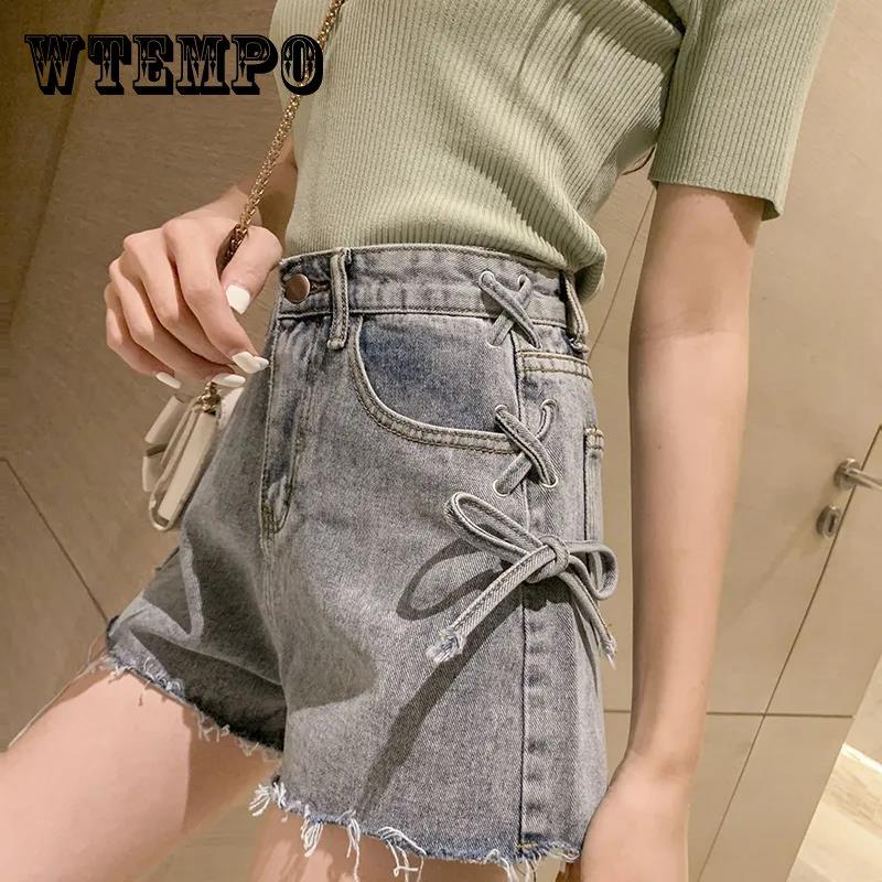 WTEMPO Женские свободные джинсовые шорты с высокой талией и перекрестными бретелями, весна-лето, широкие, А-силуэта, тонкие повседневные шорты