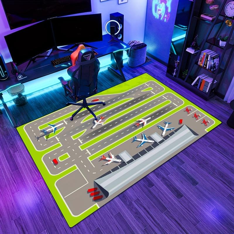 1 шт. Мягкий моющийся прямоугольный ковер на тему аэропорта - Зеленый с рисунком самолета и взлетно-посадочной полосы, Полиэстер для гостиной