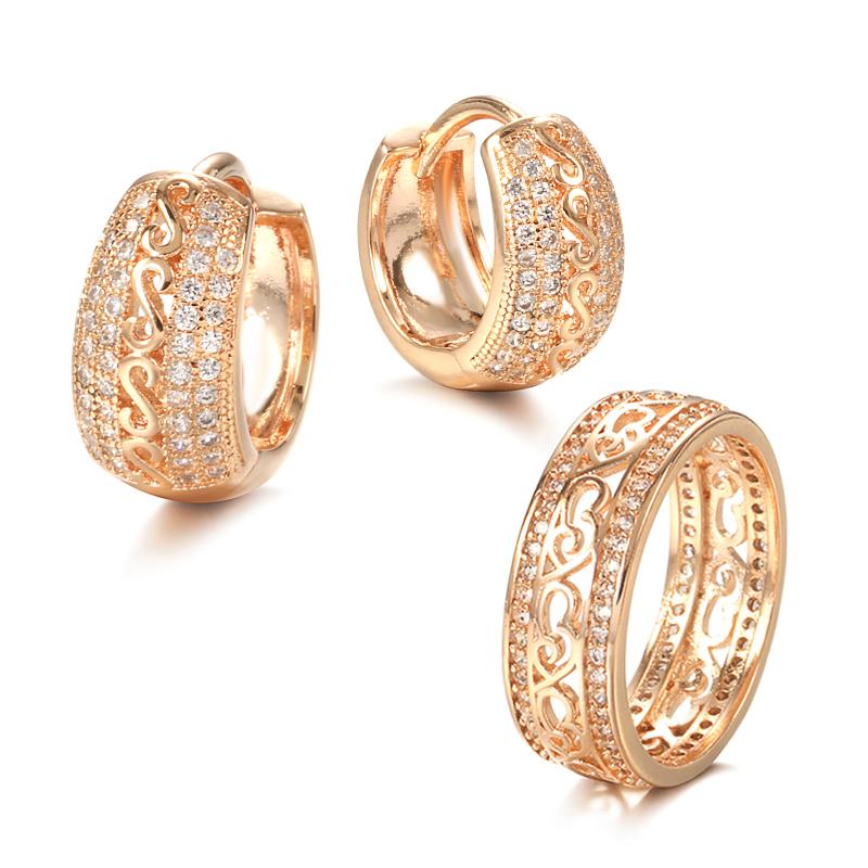 Kinel Vintage Rose Gold Color Hoop Earrings And Ring Sets Natural Zircon Jewelry Set