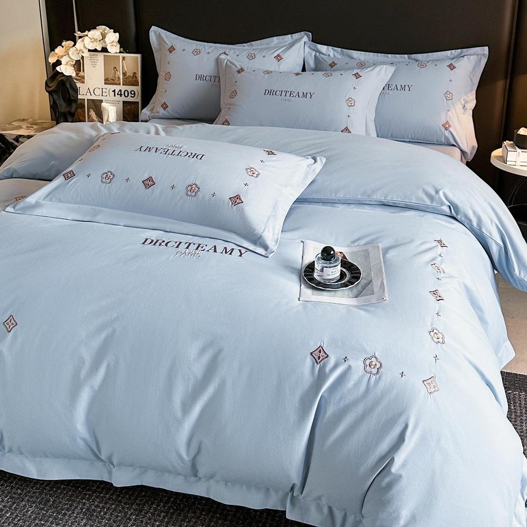 Elegant All-Cotton Flannel 4-Piece Bedding Set with Embroidered Duvet Cover and Skin-Friendly Bed Sheet