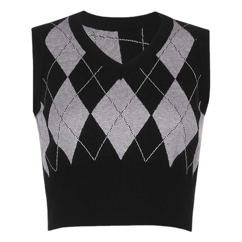 Винтажный контрастный вязаный жилет с ромбами, женский вязаный жилет, свитер без рукавов с v-образным вырезом, вязаный топ