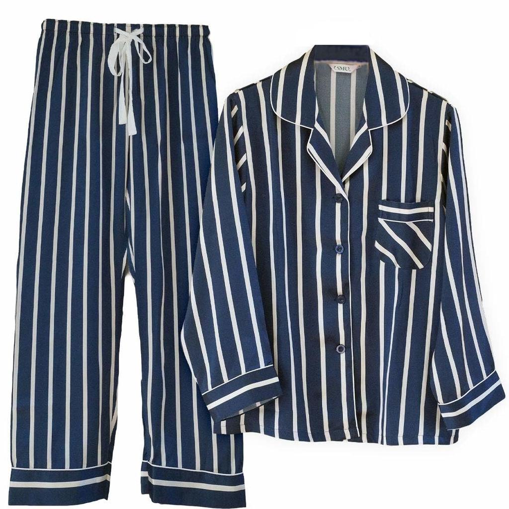 Yumekairou Silk London Navy and Stylish Waist Long Loungewear for a Good Sleep Navy and Women's Pajamas, Stripe, 100% Silk, Ivory, Tie, Sleeves,