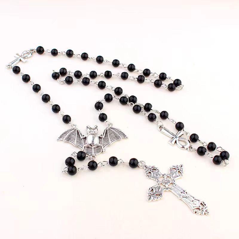 Ожерелье с крестом из бисера Y2K - европейский и американский стиль, дизайн в виде черной летучей мыши, классная цепочка на ключицу