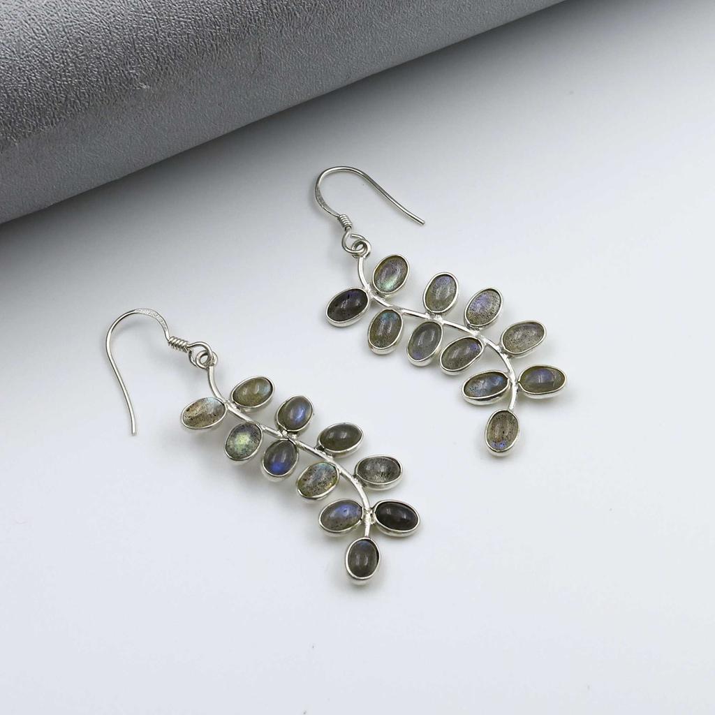 Серьги из стерлингового серебра 925 пробы, серьги с лабрадоритом, серьги с драгоценными камнями, висячие серьги, серьги с камнями по месяцу рождения, серьги в виде листьев