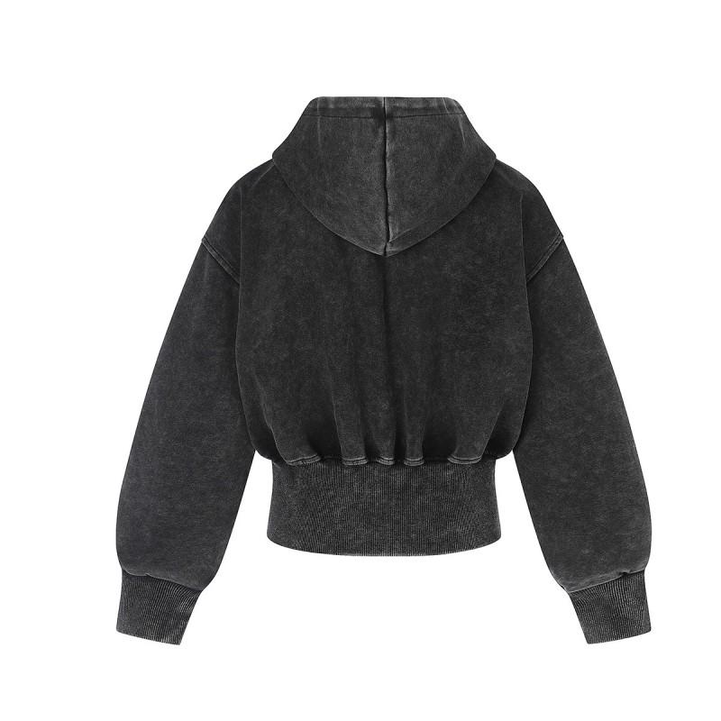 Mens Vintage American Streetwear Hooded Cropped Zip-Up Sweatshirt Loose Fit Washed Cotton