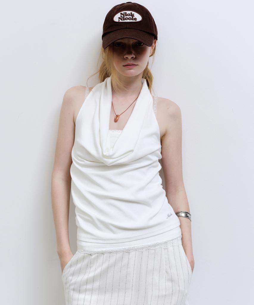 Топ с драпировкой и завязками на шее Nigaennikol Layerd Drape Halter Top_Слоновая кость