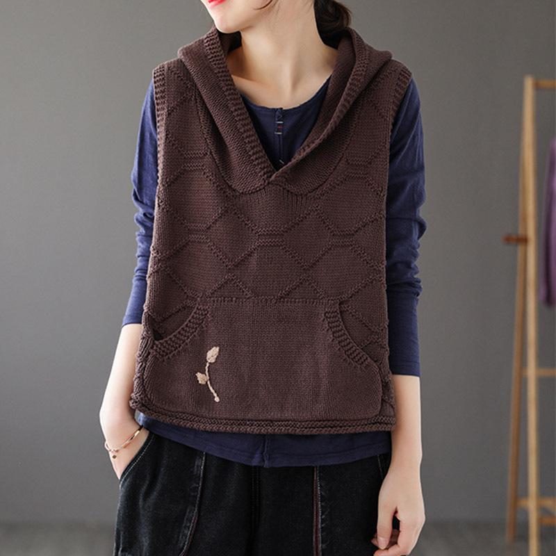 Ladies' Hooded Retro Knit Vest - 2024 Spring/Autumn Waistcoat Layered Top