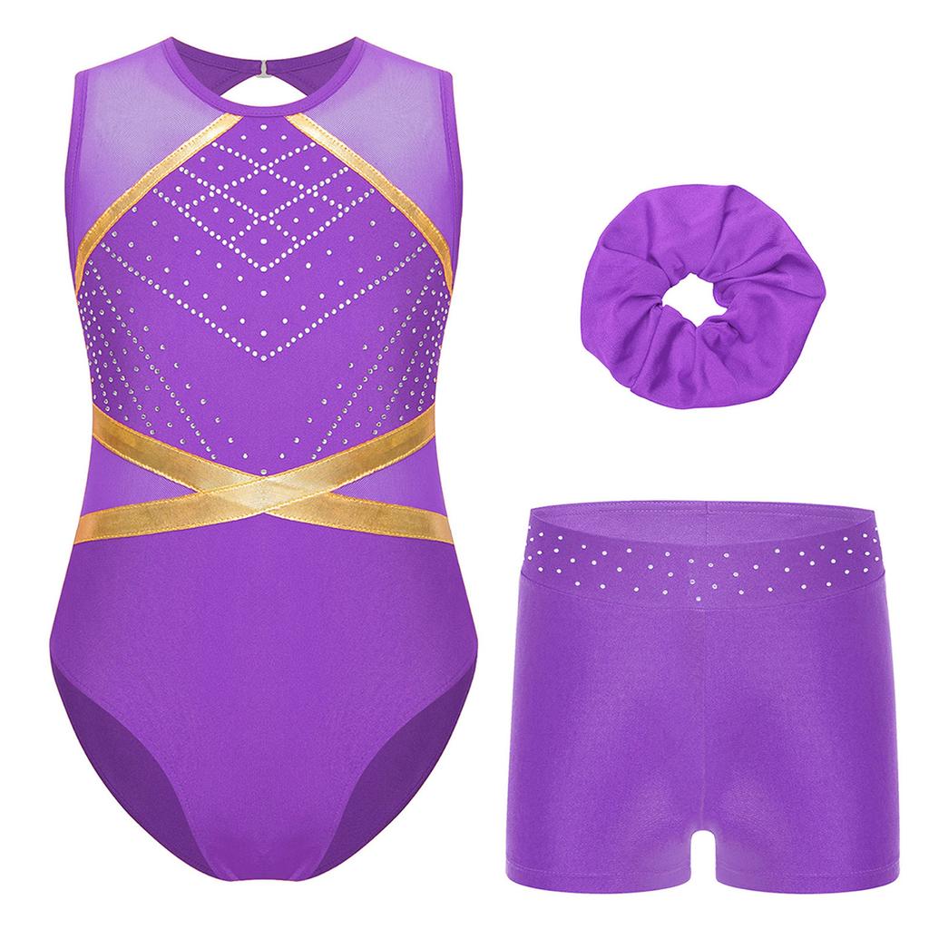 Girls Complete Dance Set Sleeveless Leotard Keyhole Back Patchwork Style Rhinestone Waistband Performance Outfit