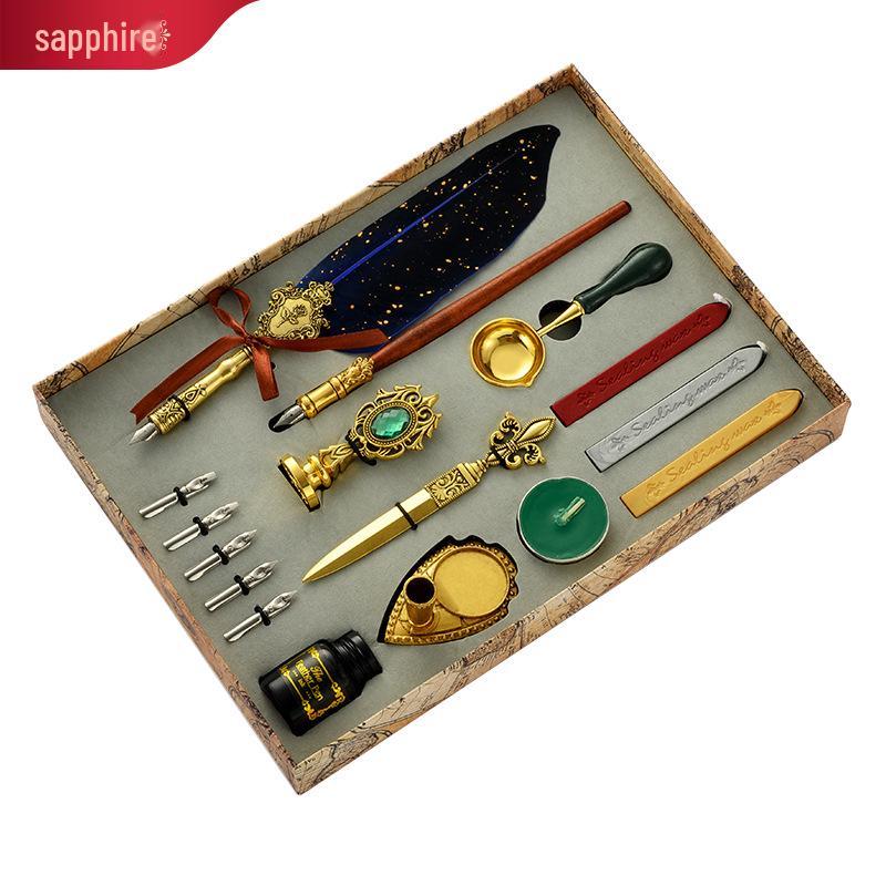 British Style Gold Splatter Feather Pen Set with Custom Logo - Ink Dipping Set, Birthday Gift