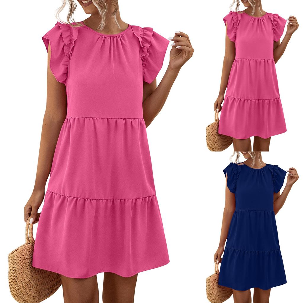 Женское повседневное модное сексуальное универсальное элегантное однотонное платье с круглым вырезом