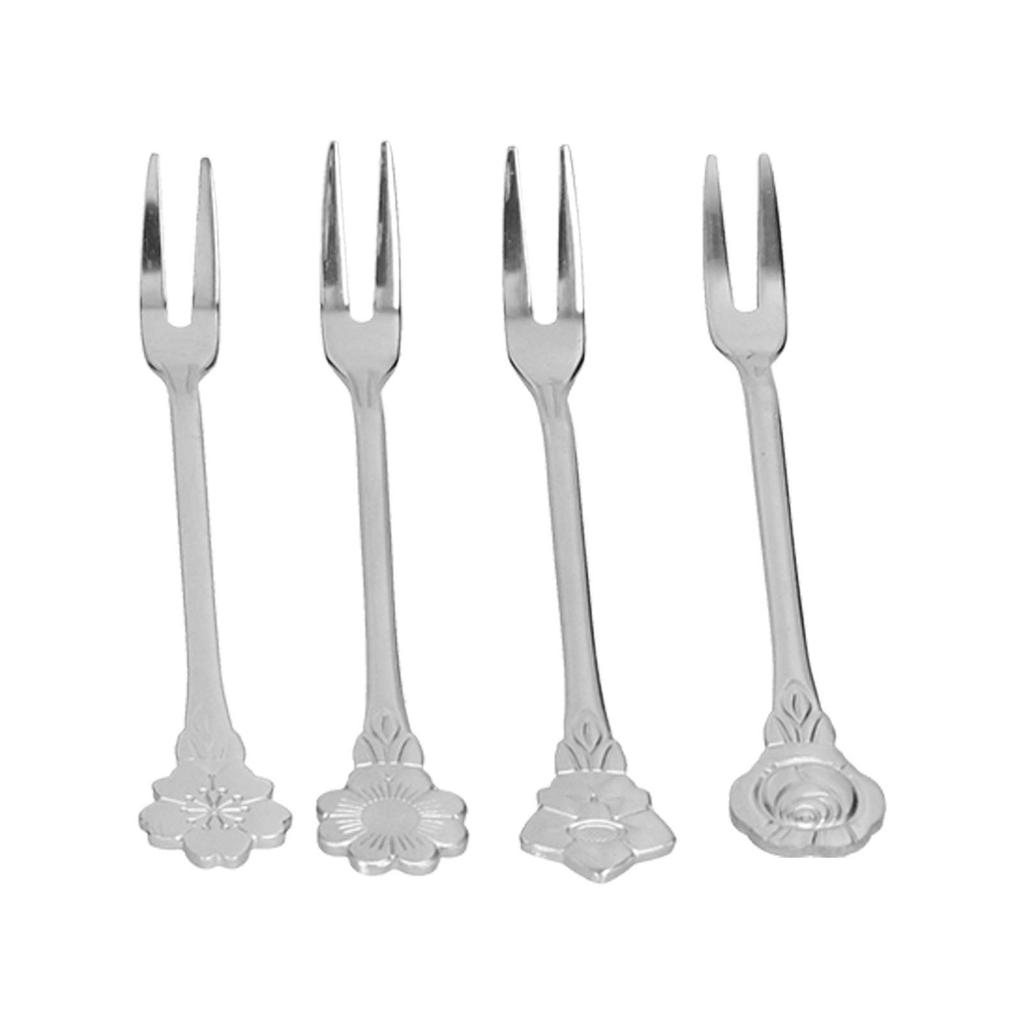 4pcs 2 Prong Fruit Fork Stainless Steel Mini Salad Fruit Dessert Tasting Forks for Home Kitchen PartySilver