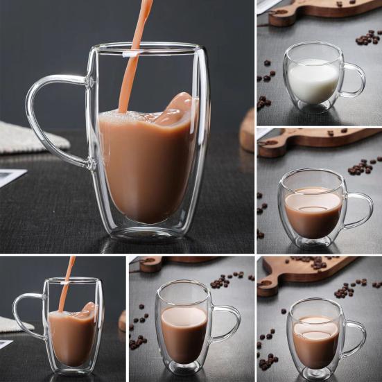 Double Wall Glass Tumbler with Handle Heat-Resistant Insulated Glass Mugs for Coffee Tea Milk 12oz Transparent Drink Cup for Home Office Use
