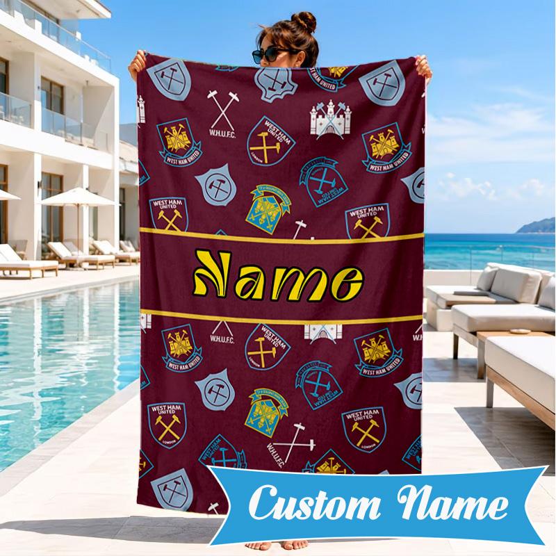 Custom Name Beach Towel West Ham Crests Pattern Microfiber Beach Towel, Lightweight for Summer Travel, Swimming Pool Fan Birthday Gift