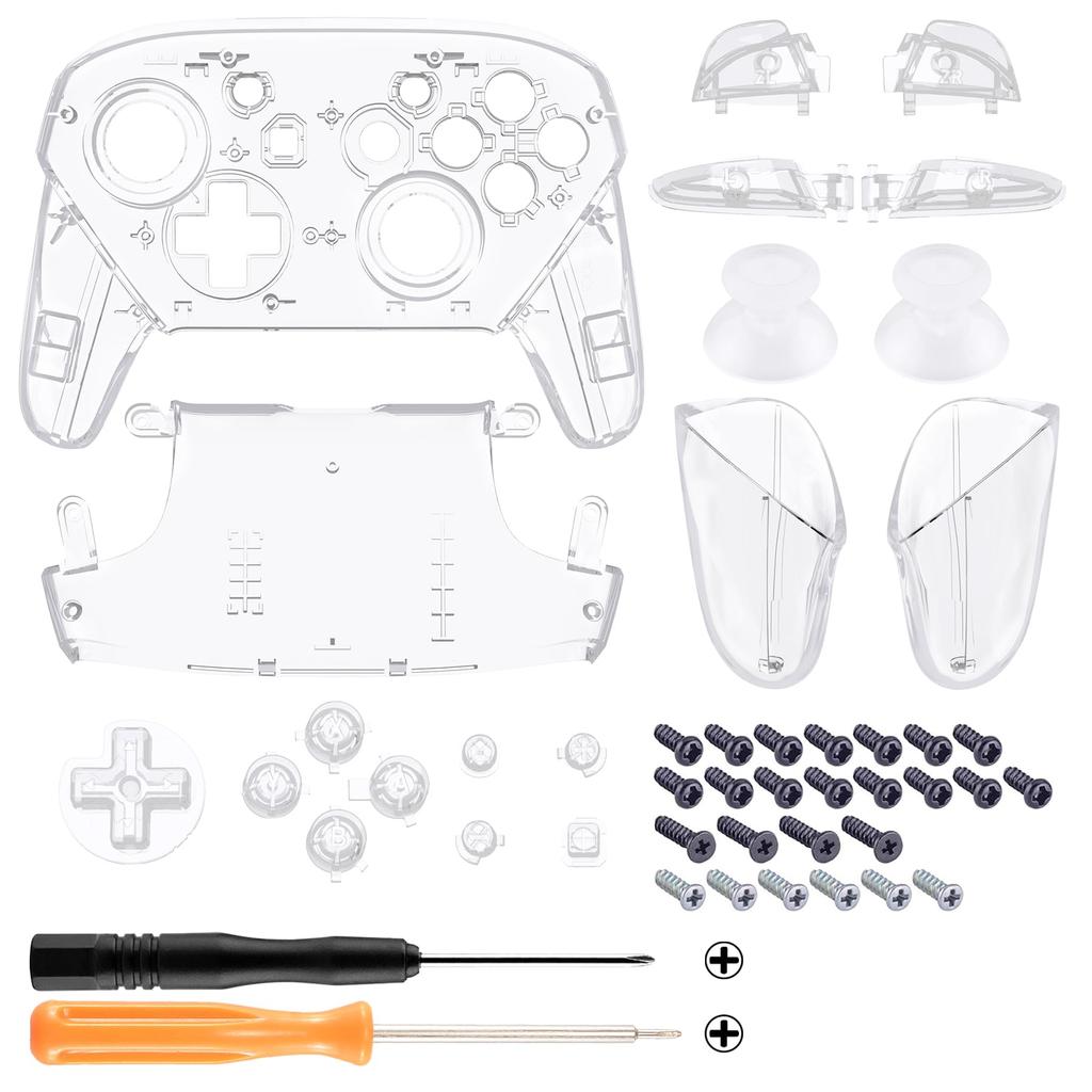 EXtremeRate Лицевая панель и задняя крышка для контроллера Switch Pro, прозрачные, для самостоятельной замены, корпус с рукоятками, чехол-накладка для контроллера Switch Pro, прозрачные рукоятки, -