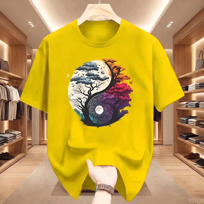 Yinyang Natureinspired Pattern Loose Tshirt Tree Design Moon And Flying Birds Printed Tshirts Nature Lovers And Outdoor Tops