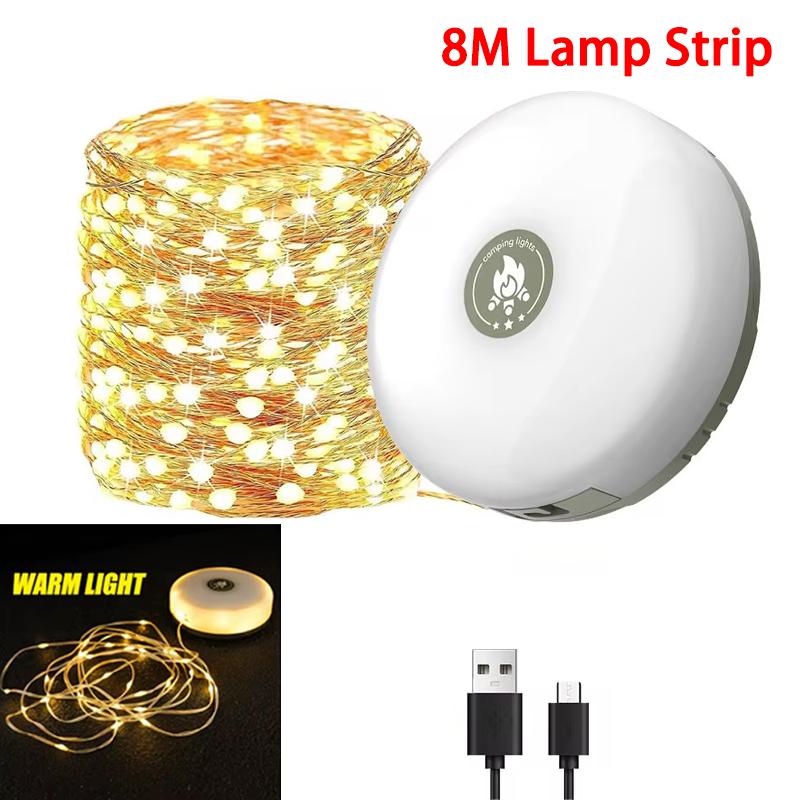 Rechargeable Camping Light 8M/10M Light String Outdoor LED Tent Light RGB Atmosphere Light Recyclable Garden Decoration Lamp