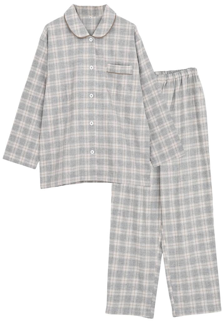 Kaituck Family Women's Flannel Shirt Pajamas, Long Sleeve, Check Pattern, Spring/Autumn (Size L, Gray)