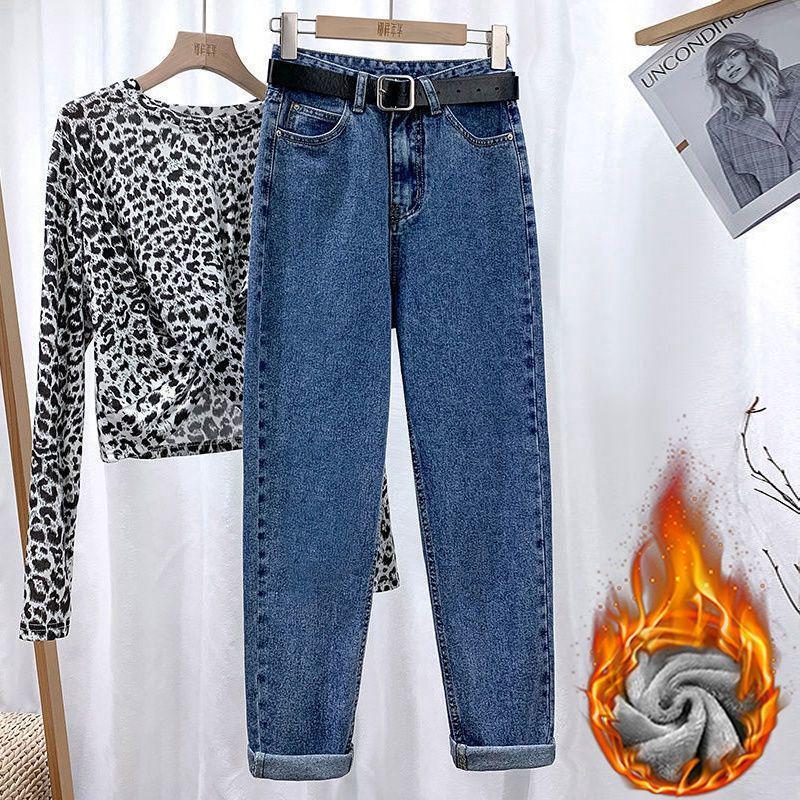 Женские плюшевые джинсы с высокой талией: Теплые узкие свободные прямые брюки-шаровары с девятью точками на осень/зиму 2021 года