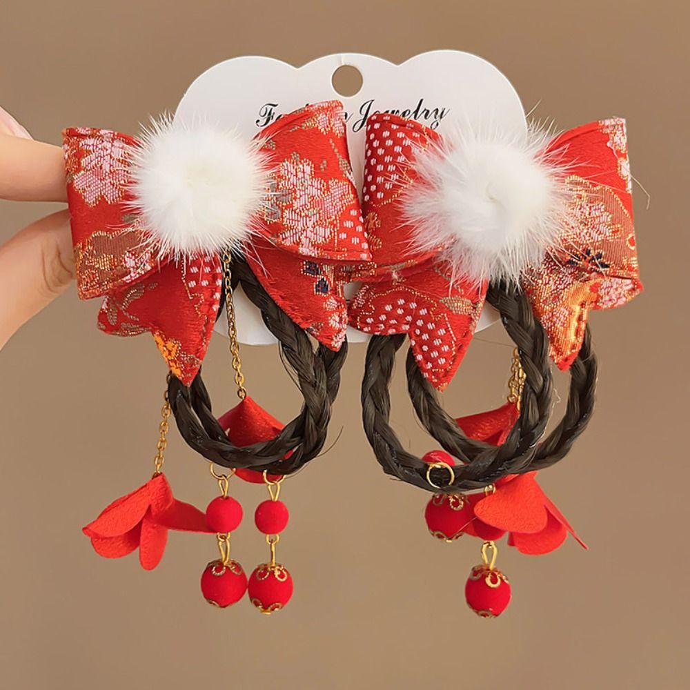 Red Children Bow Wig Hairpin Tassels Hanfu Hair Sticks Sweet Chinese New Year Headwear Baby