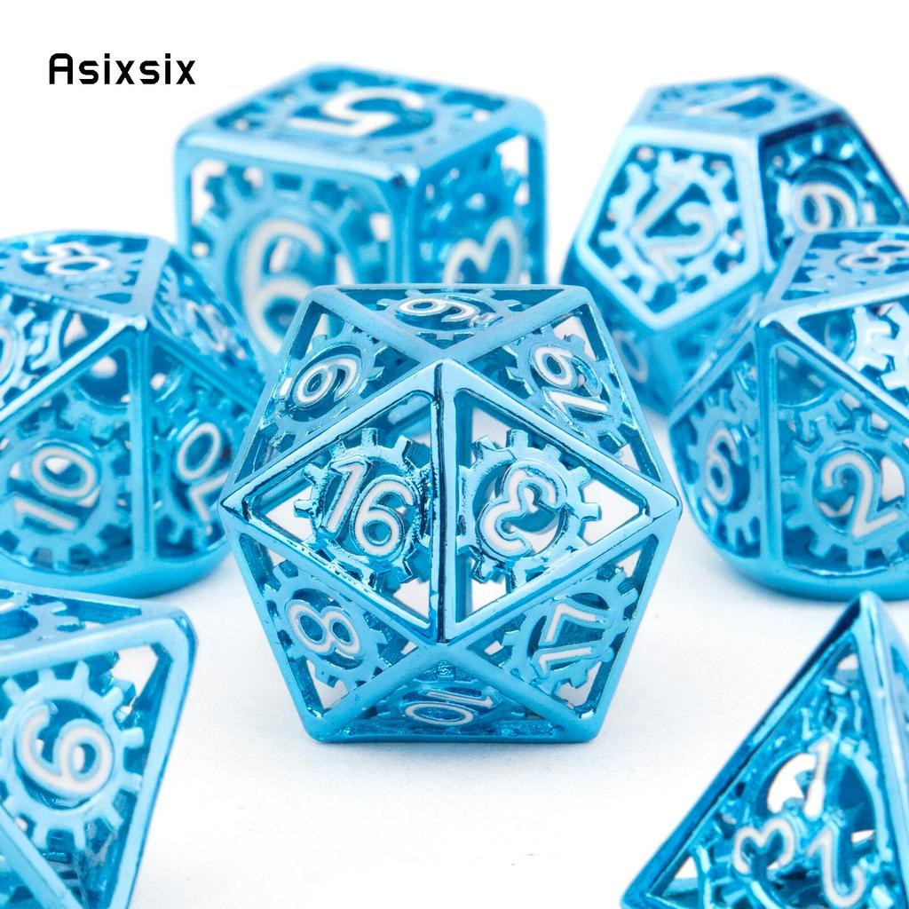 7 Pcs Blue White Gear Wheel Metal Dice Hollow Metal Polyhedral Dice Set Suitable for Role-Playing RPG Board Game Card Game