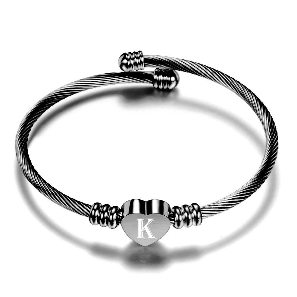 New Gun Black 26 Creative Letters Braided Cable Wire Titanium Steel Peach Heart Female Bracelet
