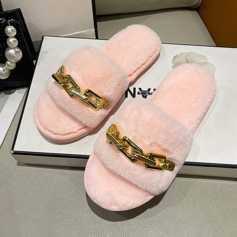 Новые хлопковые тапочки, модные металлические цепочки, теплые домашние плюшевые тапочки, женские удобные туфли на плоской подошве 2024