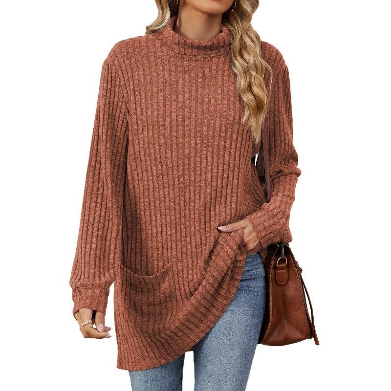 Autumn and Winter Women's Blouse Solid Colour Half-high Neck Long Sleeve Loose Pocket Tops