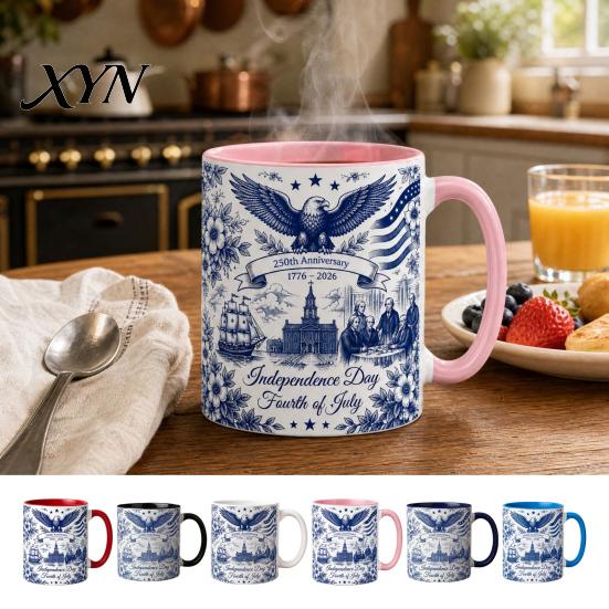 Independence Day Cup USA 250th Anniversary Blue Mug, Patriotic Ceramic Coffee with Heritage Eagle Flag Design, Gift for Veterans Men Women Durable