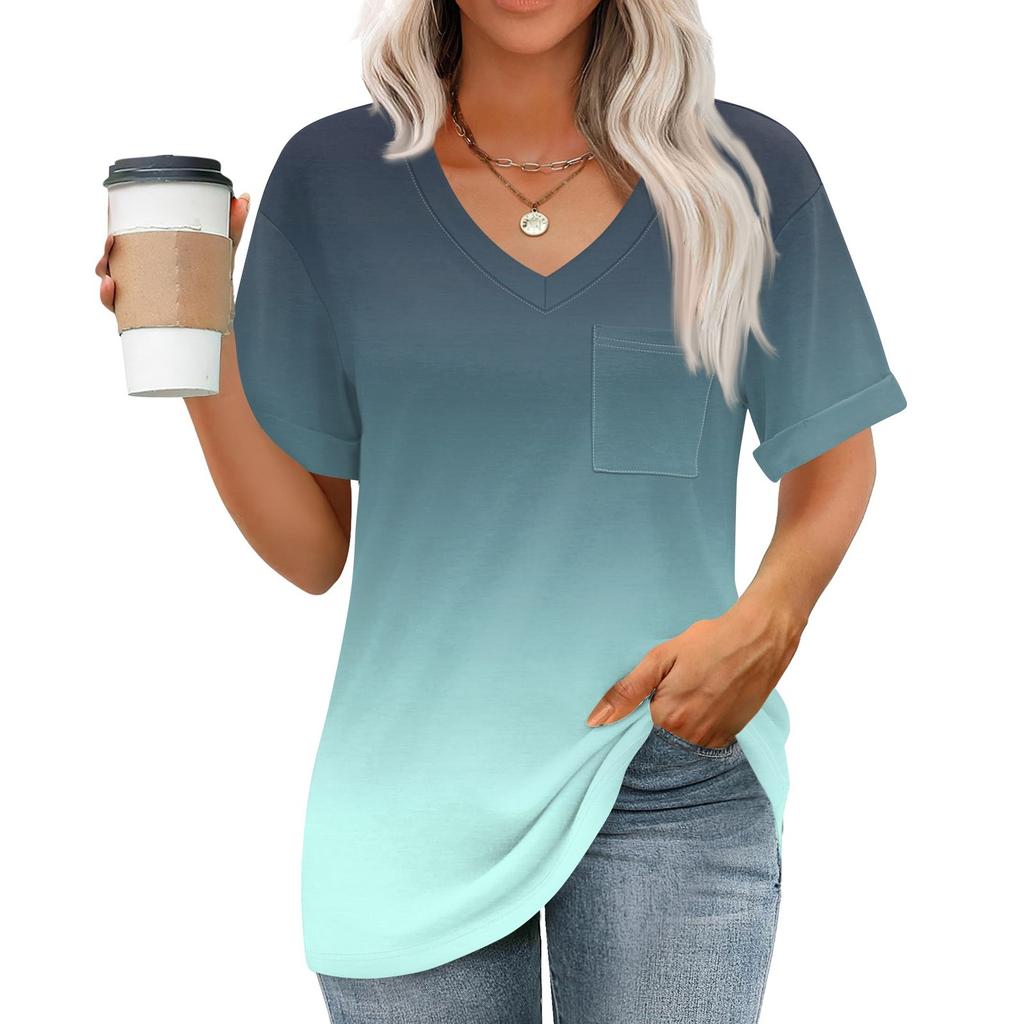 Женские топы с V-образным вырезом и коротким рукавом Блузки Повседневные модные принты Туники Топы с карманами