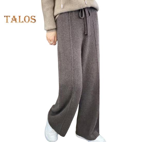 Повседневные шерстяные брюки, однотонные, прямые, широкие, трикотажные брюки с завязками на талии, утолщенные брюки