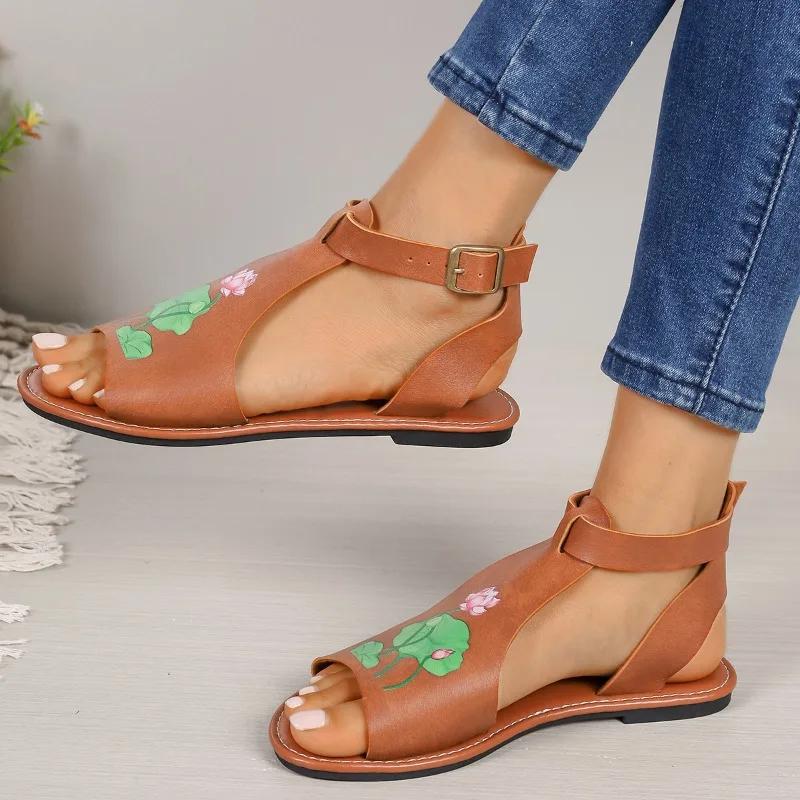 2024 New Hot Selling Versatile Solid Color Printed Open Toe Women's Slippers Buckle Decorated Summer Women's Shoes Zapatos