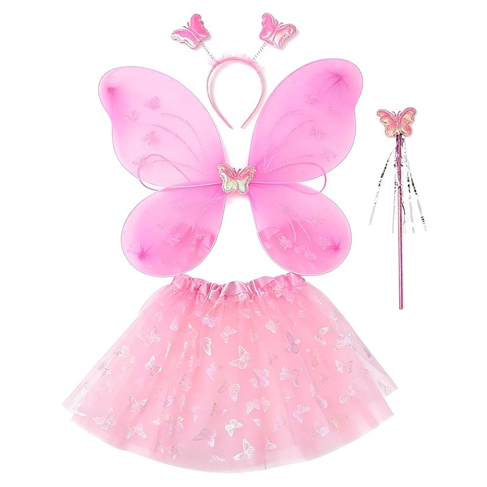 4Pcs/Set Fairy Princess Costume Butterfly Wings Puff Skirt Butterfly Wing Set Tutu Skirt Headband Angel Costume