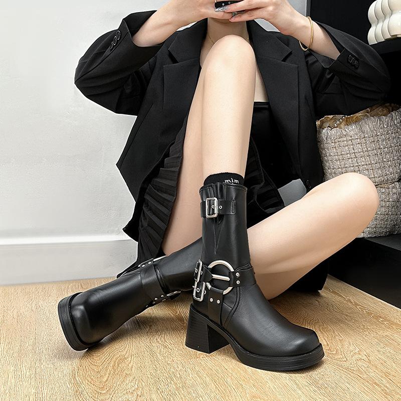 Three-buckle version retro short locomotive Martin boots 2025 autumn belt buckle thick heel heightening short boots autumn and winter women