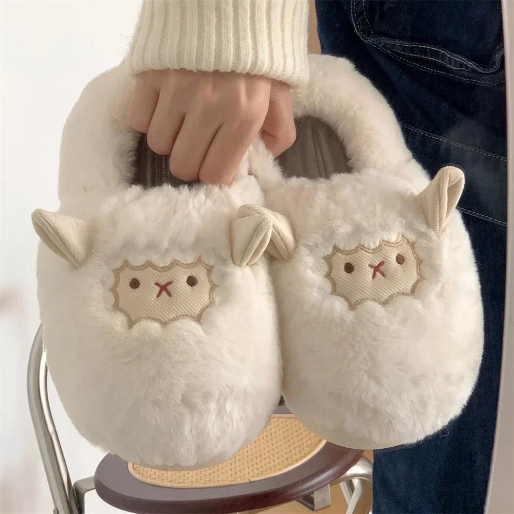 Fashion Cartoon Cute Fluffy Slippers for Women Winter Indoor House Animals Slippers Ladies Kawaii Faux Fur Slides Sheep Cotton Shoes2024
