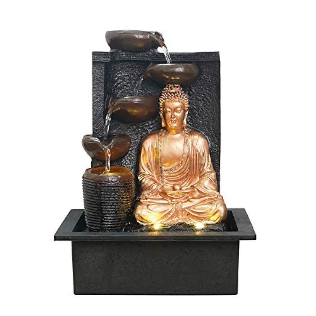 Полирезин Золотисто-коричневый Медитирующий Будда Настольный Для помещений 4 Ступени Дий Водный фонтан для домашнего декора со светодиодной подсветкой и насосом с регулятором скорости