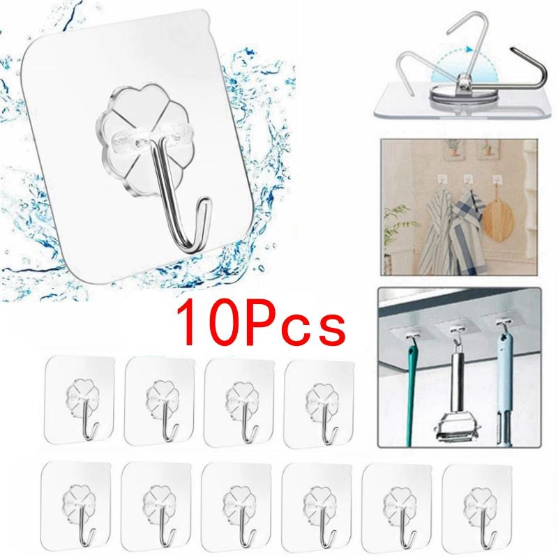 10Pcs Transparent Wall Hooks Waterproof Oilproof Self Adhesive Hooks Reusable Seamless Hanging Hook for Kitchen Bathroom Office