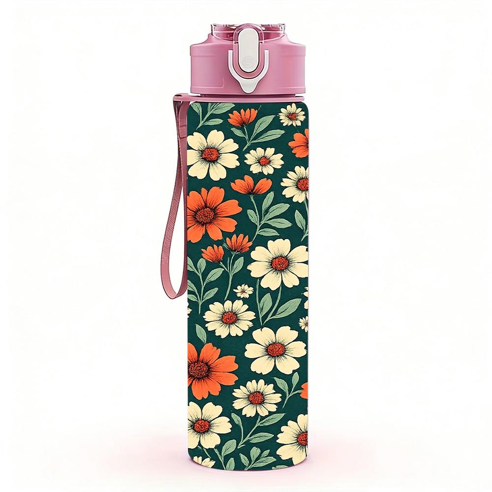 1PC Red Orange Wildflower Floral Print 750ml Color Plastic Sports Water Bottle Leakproof Flip Straw Lid Suitable for Sports Office Home Use