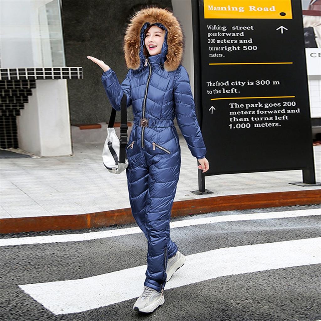 Winter New One Piece Ski Suit Women Solid Color Down-cotton Glossy Set Hooded Outdoor Suitable Cold Weather -20 ℃ Warm Set
