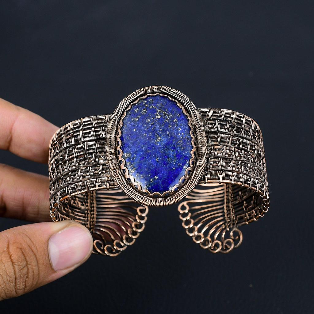 Красивый лазурит, драгоценный камень, чистая медная проволока, завернутая в манжеты/браслет ручной работы, ювелирные изделия