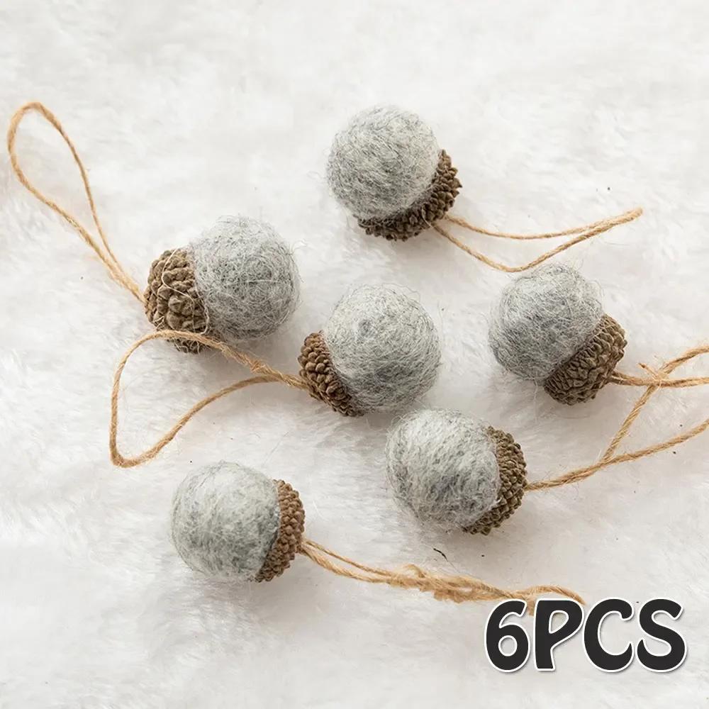 New Year 2023 6pcs Xmas Tree Ornament Wool Felt Pine Tower Ball Pine Cone Acorn String DIY Material Pendant Christmas Decor Home